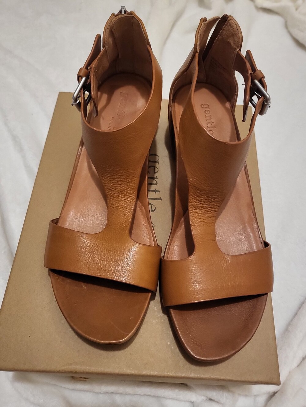 gentle souls Cognac Leather T-Strap Buckle Sandals